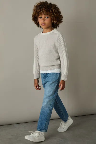 Reiss Grey/white Amis 9-13 Yrs Ribbed-sleeve Jumper With Cotton And Wool