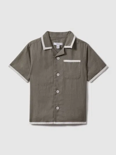 REISS REISS KHAKI/WHITE VITAN 13-14 YRS LINEN CONTRAST CUBAN COLLAR SHIRT