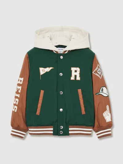 Reiss Kids' Green/tobacco Brown 13-14 Yrs Home-run Colourblock Bomber Jacket In Black