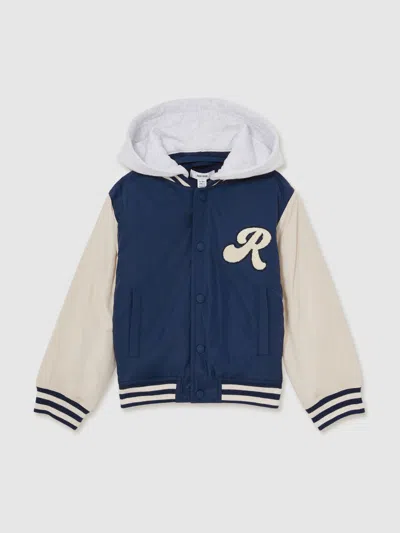 Reiss Kids' Airforce Blue/off White 13-14 Yrs Logo Patch Hooded Varsity Jacket