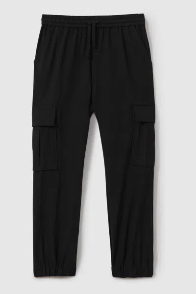 Reiss Black Lucian Technical Drawstring Cuffed Joggers