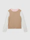 Reiss Kids' Camel 13-14 Yrs Wool Blend Striped Crew Neck Jumper In Brown