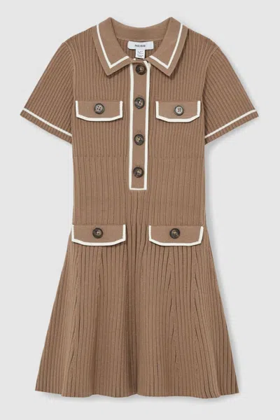 Reiss Brown Rib-knit Button-down Dress In Brown