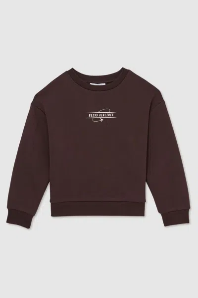 REISS CHOCOLATE BROWN/OFF WHITE ORVILLE COTTON-BLEND AIRLINES-PRINT SWEATSHIRT