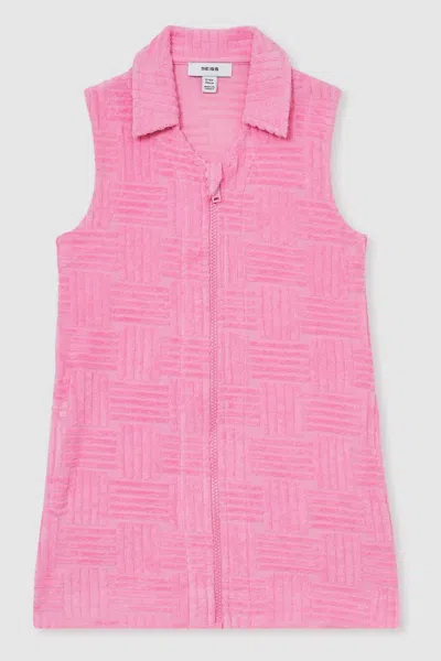 REISS PINK KARYANNE TEXTURED TOWELLING ZIP-THROUGH DRESS