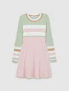 Reiss Pink Polly Colour-block Long-sleeve Ribbed Stretch-knit Dress 4-9 In Pink