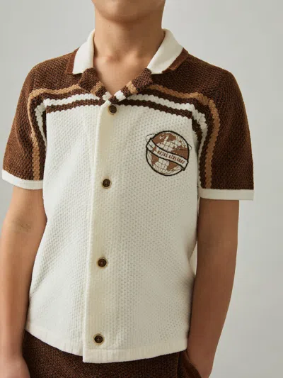 Reiss Taupe Brown/white 3-9 Yrs Chenille Airlines Embroidery Shirt