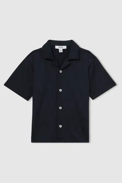 Reiss Kids' Navy Wave Jacquard Cuban Collar Shirt