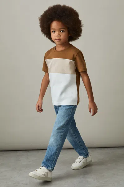 Reiss Tobacco Brown Multi Cole 3-9 Yrs Cotton Colour-block Piped T-shirt