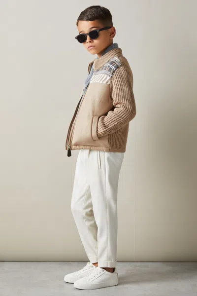 Reiss Oatmeal Melange Kingsway Hybrid Knit And Quilt Funnel Neck Jacket