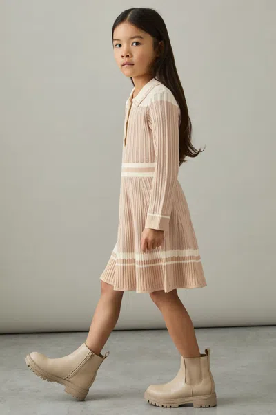 Reiss Pale Pink Rib-knit Pointelle Flared Dress