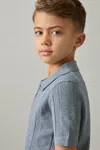 Reiss Airforce Blue Textured-knit Half-zip Polo Shirt