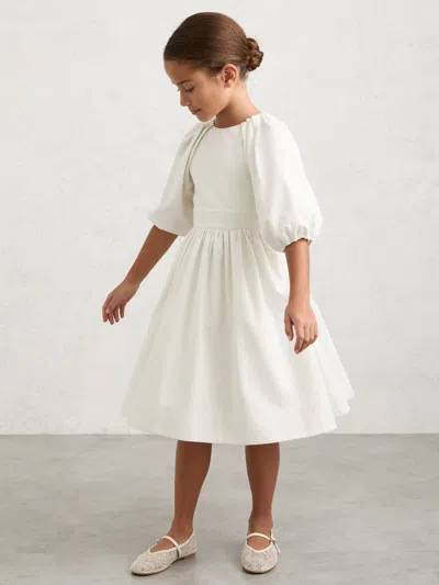 Reiss White Mae 3-9 Yrs Puff-sleeve Tie-back Midi Dress In Burgundy
