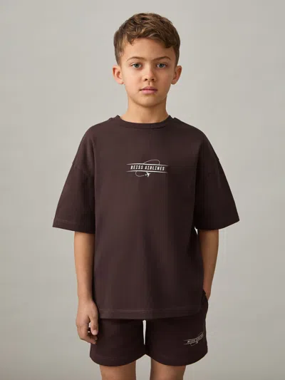 REISS REISS CHOCOLATE BROWN/OFF WHITE IVAN 3-9 YRS COTTON AIRLINES-PRINT OVERSIZE T-SHIRT