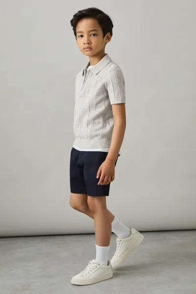 Reiss Grey Melange Textured-knit Half-zip Polo Shirt