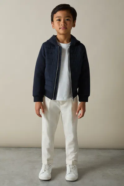 Reiss Navy Interlock Hybrid Hooded Puffer Jacket