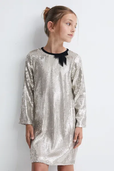 Reiss Kids' Leon Bow-embellished Stretch-woven Mini Dress 9-14 Years In Silver