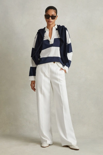 Reiss Abigail - Navy/ivory Striped Cotton Open-collar T-shirt, L