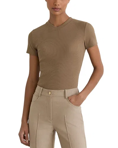 Reiss Addison Cotton Stretch High V Neck Ribbed Tee In Brown