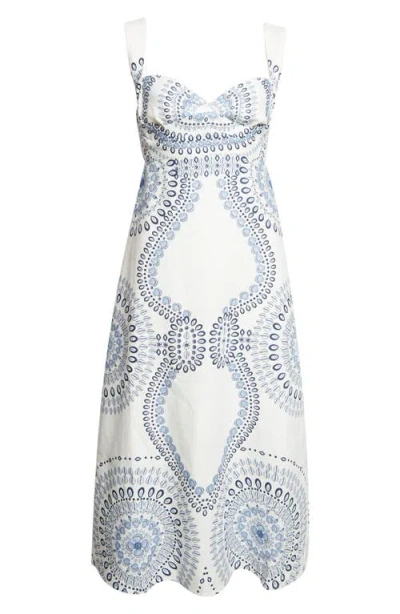 Reiss Womens Ivory Blue Addison Floral-print Linen Midi Dress In Multi