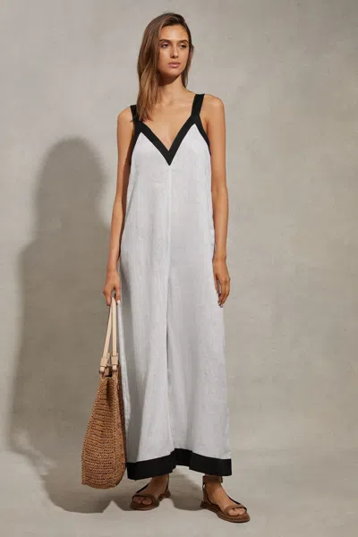 Reiss Aida - White/navy Linen Wide Leg Jumpsuit, Us 6