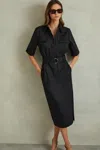 Reiss Black Aimie Cotton Blend Utility Belted Midi Dress In Black