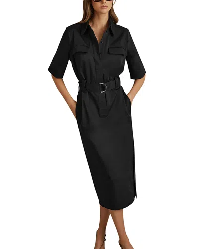 Reiss Black Aimie Cotton Blend Utility Belted Midi Dress