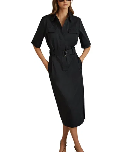 Reiss Black Aimie Cotton Blend Utility Belted Midi Dress