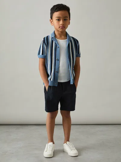 Reiss Airforce Blue Carrington 3-9 Yrs Cotton Crochet Stripe Cuban Shirt