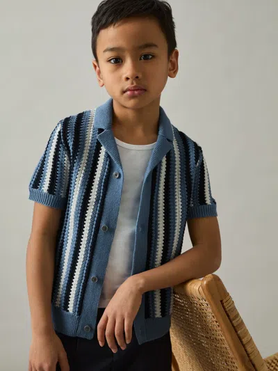 Reiss Airforce Blue Carrington 9-13 Yrs Cotton Crochet Stripe Cuban Shirt