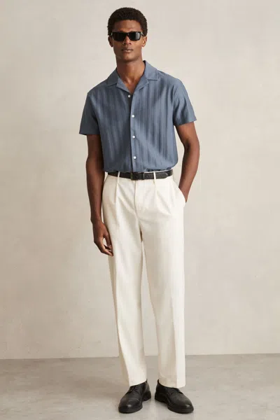 Reiss Airforce Blue Cotton Textured Cuban-collar Shirt