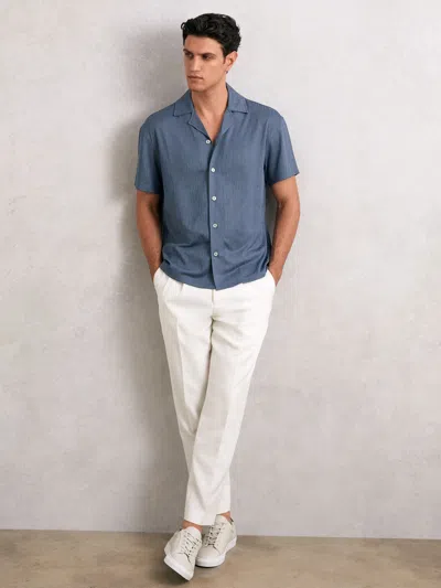 Reiss Airforce Blue Jacquard-stripe Cuban-collar Shirt