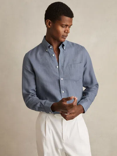 REISS AIRFORCE BLUE LINEN BUTTON-THROUGH SHIRT