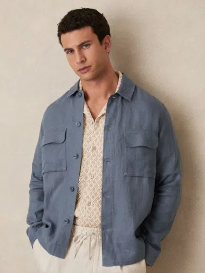 Reiss Airforce Blue Linen Twin-pocket Overshirt