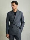 Reiss Airforce Blue Malibu Regular-fit Double-breasted Sharkskin Wool-blend Suit Blazer In Blue