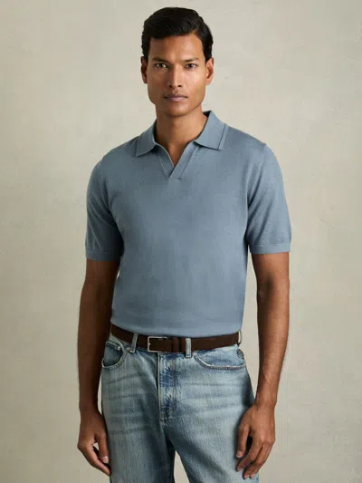 Reiss Airforce Blue Merino Wool Open Collar Polo Shirt