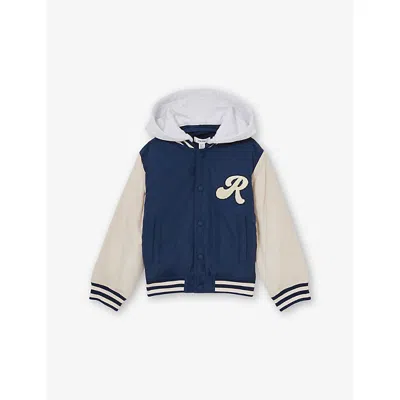 Reiss Kids' Airforce Blue Off White Logo-patch Hooded Woven Varsity Jacket  3-9