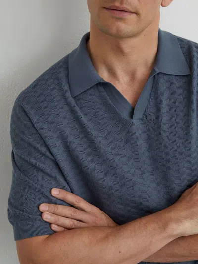 Reiss Airforce Blue Sol Textured-knit Open-collar Polo Shirt