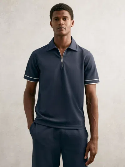 REISS REISS AIRFORCE BLUE ZAIN TEXTURED HALF-ZIP TIPPED POLO SHIRT