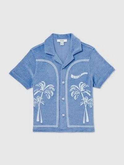Reiss Airforce Blue Towelling Palm-embroidered Shirt