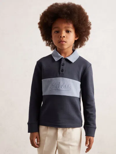 Reiss Kids' Airforce Blue/navy Blue Cotton Logo-embroidery Rugby Polo Shirt