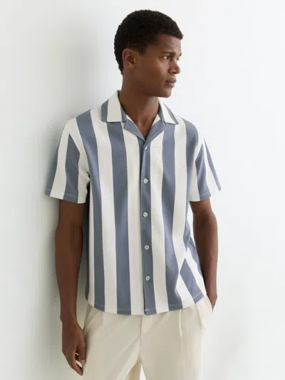 Reiss Mens Airforce Blue Off White Dexter Cuban-collar Block-stripe Stretch-woven Shirt Xl