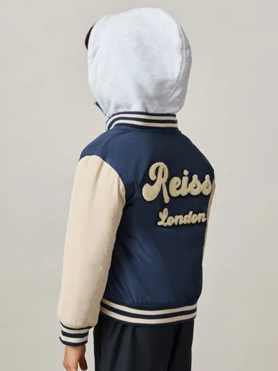 Reiss Airforce Blue/off White Fred 9-13 Yrs Logo Patch Hooded Varsity Jacket