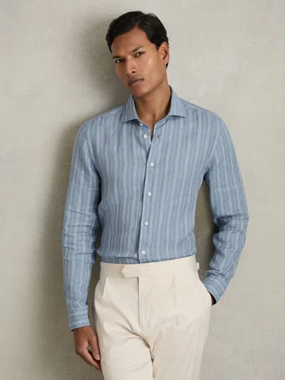 REISS AIRFORCE BLUE/WHITE BENGAL STRIPE LINEN STRIPED CUTAWAY-COLLAR SHIRT