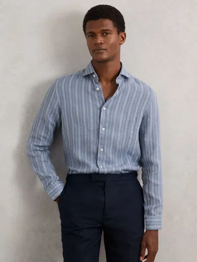 Reiss Airforce Blue/white Linen Striped Cutaway-collar Shirt