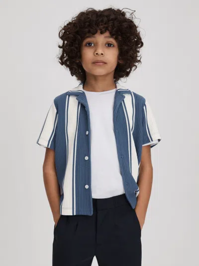 Reiss Kids' Airforce Blue/white Senior Ribbed Cuban Collar Shirt In Multi