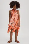 Reiss Kids' Akari - Pink Print Junior Printed Draped Halter Neck Dress, Uk 7-8 Yrs