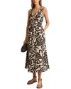 Reiss Akari Ruched Mono Print Linen-blend Midi Dress In Brown