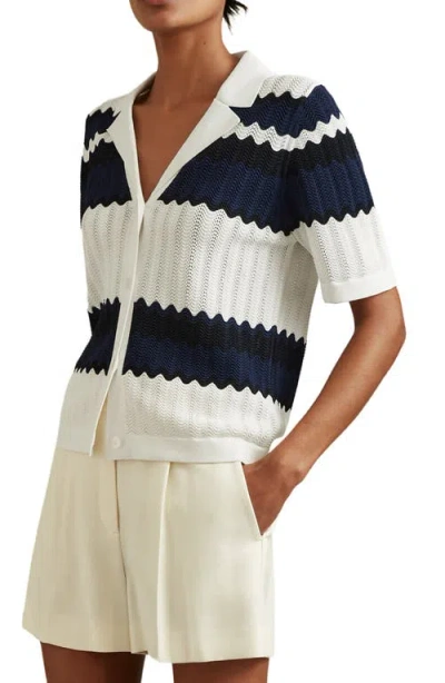 Reiss Alba Stripe Button-up Polo Sweater In Navy/white