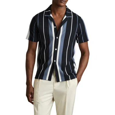 Reiss Albers Stripe Rib Knit Camp Shirt In Navy Multi